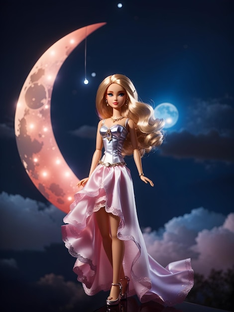 Uma barbie com uma lua noturna no céu