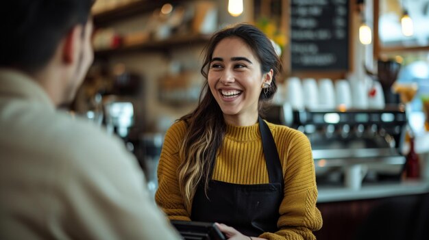 uma barista sorridente está interagindo com um cliente em um balcão de uma cafeteria