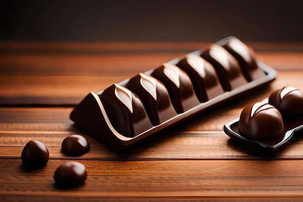 Uma barra de chocolate com um prato de chocolates em uma mesa de madeira.