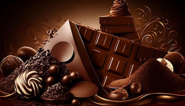Uma barra de chocolate é cercada por outros chocolates.