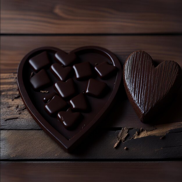 Uma barra de chocolate em forma de coração está sobre uma mesa de madeira.