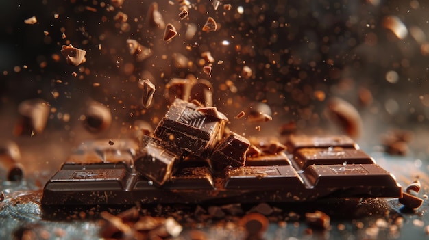 Uma barra de chocolate quebrando sob um holofote fragmentos de prazer