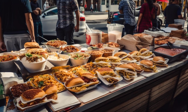 Uma barraca cheia de diversos pratos de fast food Pessoas e carros no pano de fundo Generative AI