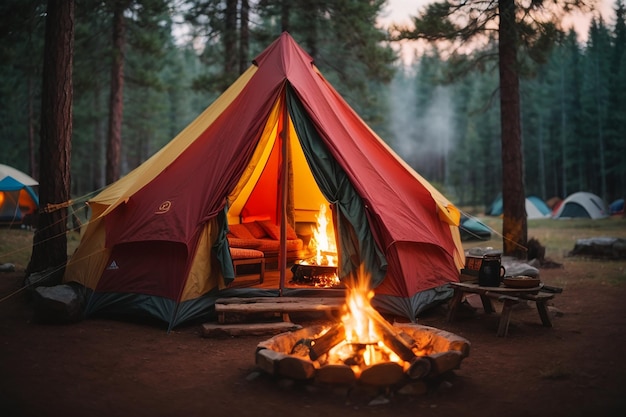 Uma barraca colorida situada em um acampamento sereno com uma lareira quente crepitando e cheiro de pinho no ar