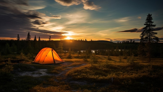 Uma barraca de acampamento em um local para caminhadas na natureza com vista para a paisagem com a natureza e um pôr do sol no lago