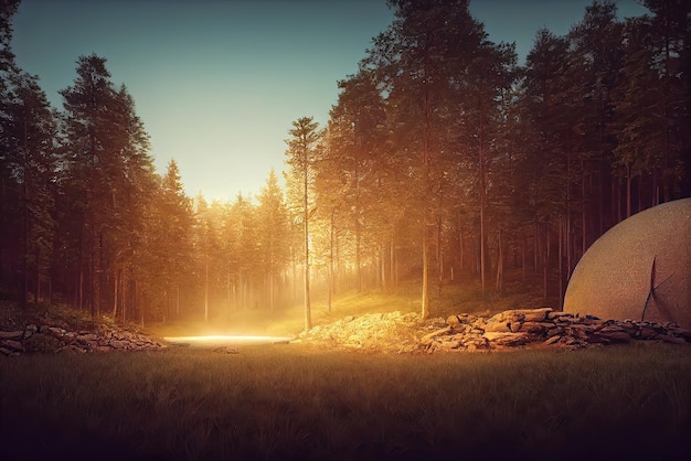 Uma barraca de acampamento em uma floresta com o sol brilhando sobre ela.