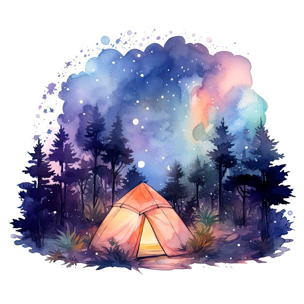 Uma barraca de acampamento na floresta com aquarela do céu noturno para design de camisetas