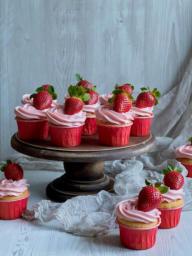 Foto uma barraca de bolo com cupcakes com cobertura rosa e morangos por cima