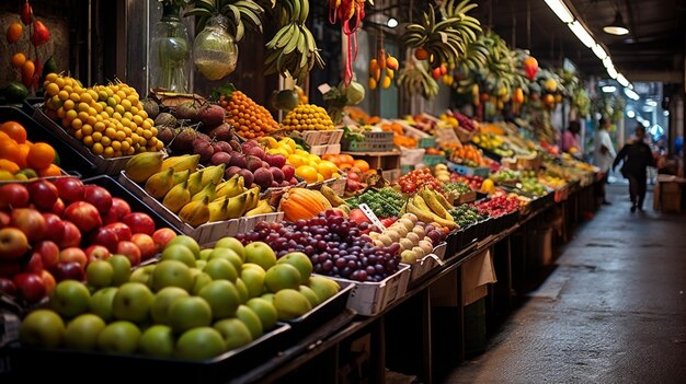 Foto uma barraca de frutas com uma cesta de bananas e outras frutas.