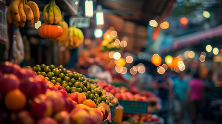 Foto uma barraca de frutas com uma placa que diz "melão"