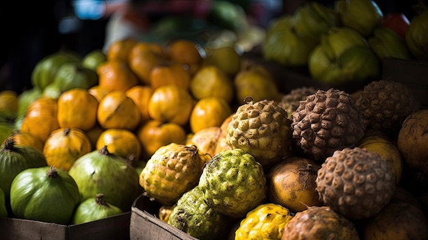 Uma barraca de frutas em um mercado com muitas frutas diferentes