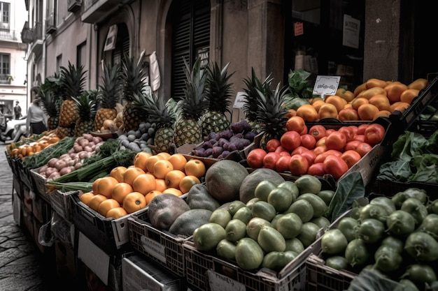 Uma barraca de frutas em um mercado com uma placa que diz 'fruta'