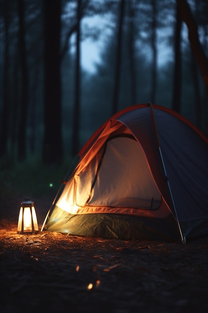 Uma barraca em uma floresta com uma lanterna que diz 'acampar' nela