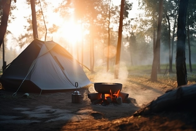 Uma barraca na floresta no verão perto de uma fogueira com uma panela da qual sai vapor de alimentos gerados por IA