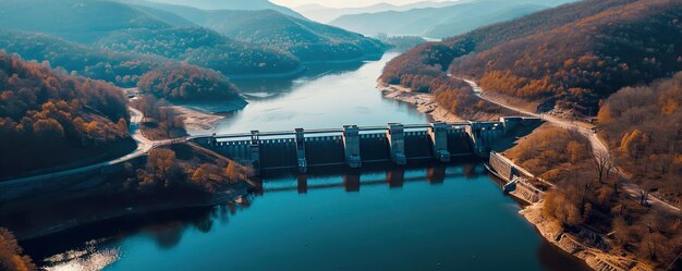 Foto uma barragem com uma vista das montanhas e montanhas ao fundo