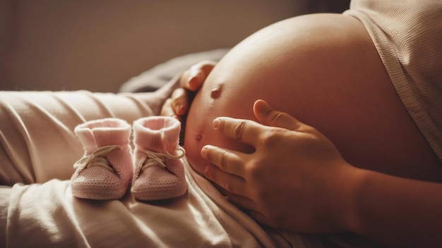 Foto uma barriga grávida bonita e suave e botas minúsculas.