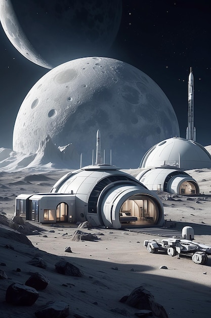 Uma base lunar com habitats abobadados e tecnologia espacial futurista