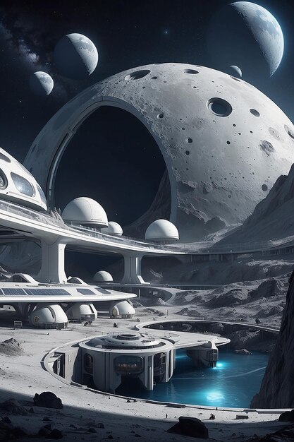 Foto uma base lunar com habitats abobadados e tecnologia espacial futurista