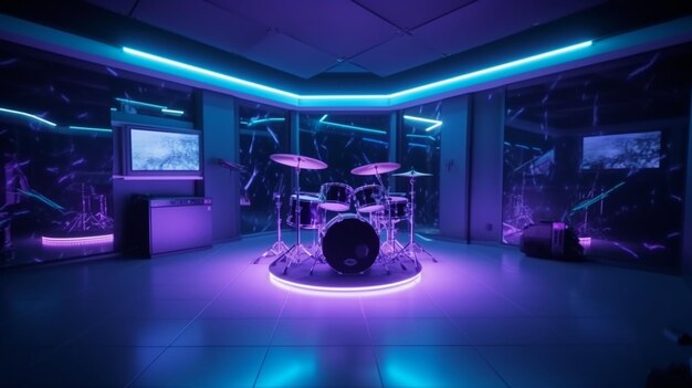 Uma bateria em uma sala com uma exibição iluminada de uma bateria.