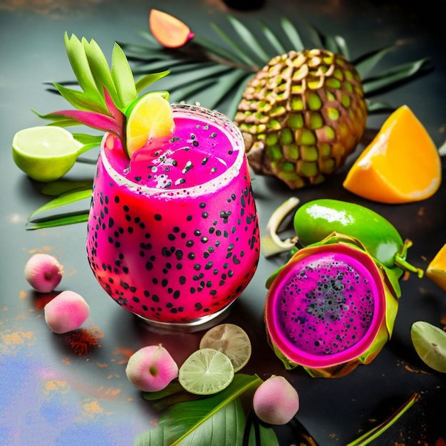 Foto uma bebida colorida com uma fruta rosa e verde no meio.