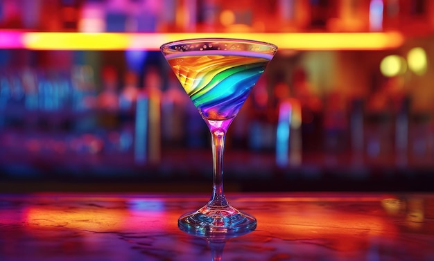 uma bebida com redemoinhos de arco-íris sentado em um copo de coquetel