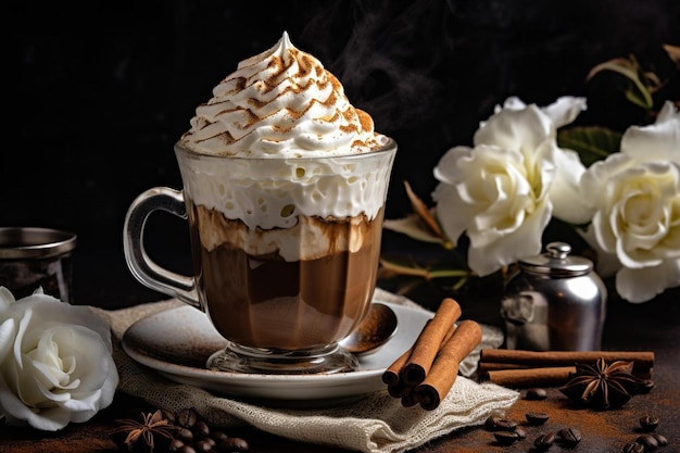 uma bebida de chocolate quente com paus de canela e paus de canela.