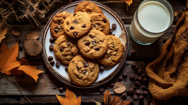 Uma bebida de leite frio e um prato de biscoitos artesanais de chocolate IA generativa