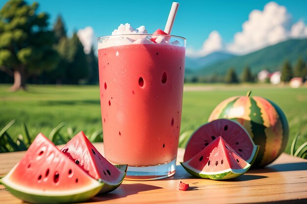 Uma bebida deliciosa e refrescante de suco de melancia é muito confortável para saciar a sede no verão