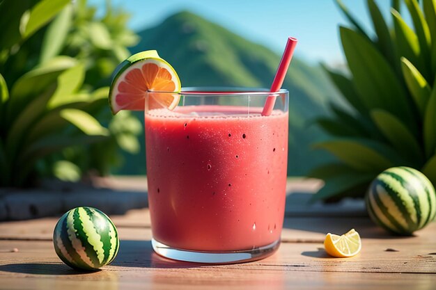 Uma bebida deliciosa e refrescante de suco de melancia é muito confortável para saciar a sede no verão