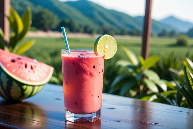 Uma bebida deliciosa e refrescante de suco de melancia é muito confortável para saciar a sede no verão