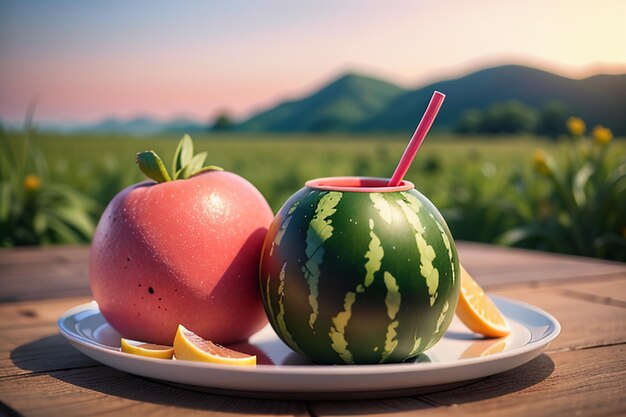 Uma bebida deliciosa e refrescante de suco de melancia é muito confortável para saciar a sede no verão