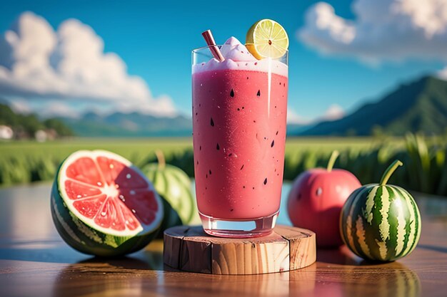 Uma bebida deliciosa e refrescante de suco de melancia é muito confortável para saciar a sede no verão