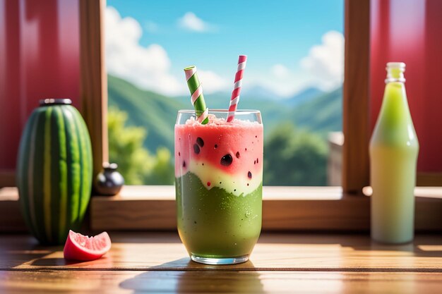 Uma bebida deliciosa e refrescante de suco de melancia é muito confortável para saciar a sede no verão