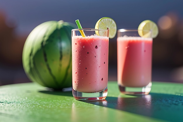 Uma bebida deliciosa e refrescante de suco de melancia é muito confortável para saciar a sede no verão