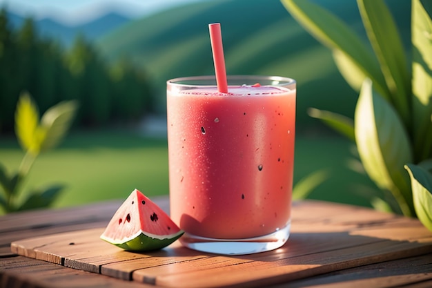 Uma bebida deliciosa e refrescante de suco de melancia é muito confortável para saciar a sede no verão