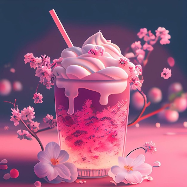 Uma bebida rosa com glacê branco e um canudo com a palavra sorvete.