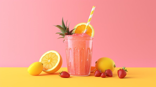 Uma bebida rosa com morangos, limões e morangos em uma IA generativa rosa