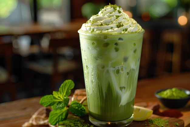 Uma bebida verde com creme batido e hortelã em uma mesa com uma colher e uma tigela de hortelã ao lado