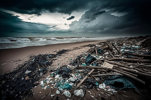 Uma beira-mar contaminada com lixo e detritos plásticos AI