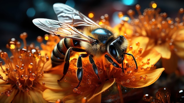 Uma bela abelha coletando mel da flor Fotografia macro colorida