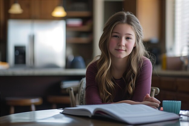 Foto uma bela adolescente a estudar em casa.
