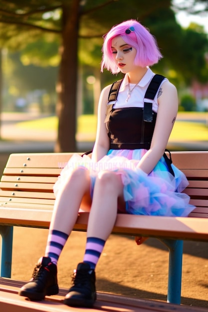 Uma bela adolescente com cabelo rosa em uma camiseta branca e meias brancas senta-se em t IA generativa