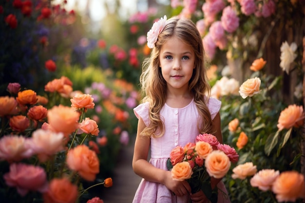 Uma bela adolescente sorridente no jardim de flores.