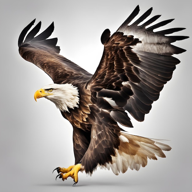 Uma bela águia olhando para a frente é mostrada em fundo branco de comprimento completo