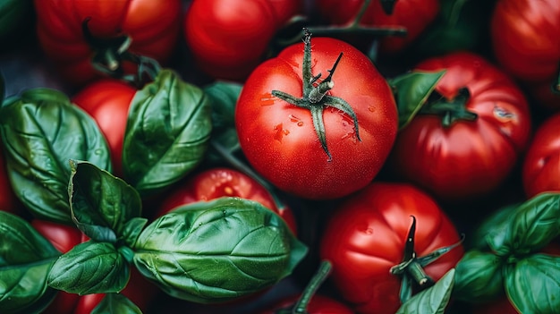 Uma bela apresentação de tomates com manjericão em um fundo impecável Fotos de alimentos com espaço de cópia