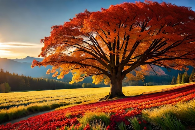 Uma bela árvore em um campo de flores vermelhas.