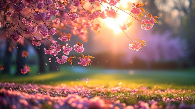 Uma bela árvore rosa com flores a florescer ao sol.