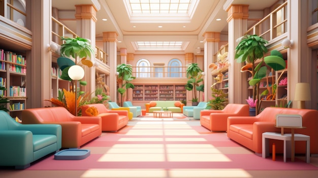 Uma bela biblioteca com sofás cor-de-rosa e azul e plantas verdes.