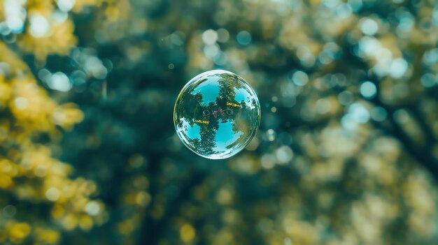 Foto uma bela bolha de sabão flutua no ar refletindo o mundo ao seu redor a bolha é uma esfera perfeita e sua superfície é lisa e ininterrupta
