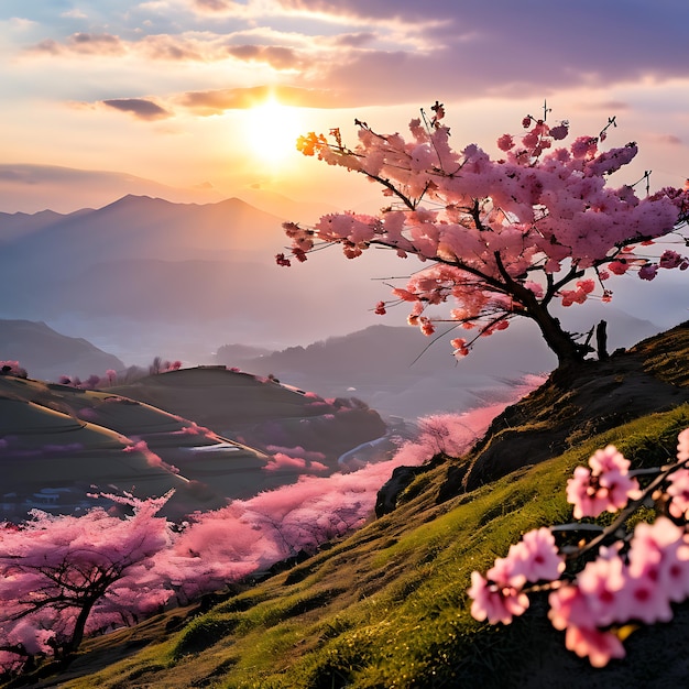Uma bela borboleta colorida na primavera e flores de sakura